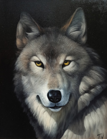 Wolf portrait (40x50cm, oil painting, ready to hang) Painting titled "Wolf portrait (40x5…" by Sergey Miqayelya, Original Artwork, Oil Mounted on Wood Stretcher frame