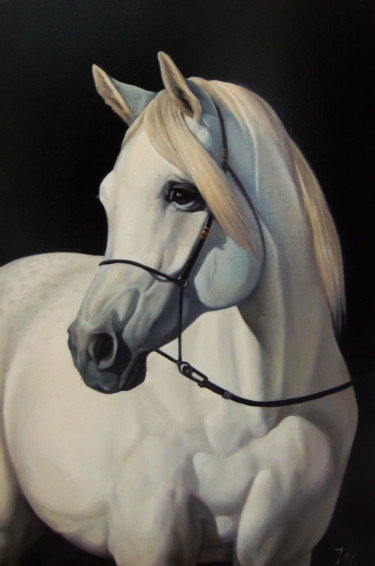 White horse-1 (40x60cm, oil painting, ready to hang) Painting titled "White horse-1 (40x6…" by Sergey Miqayelya, Original Artwork, Oil Mounted on Wood Stretcher frame