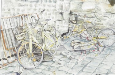 Malerei mit dem Titel "Vélos du canal st M…" von Françoise Perrotton, Original-Kunstwerk, Aquarell Auf artwork_cat. montiert