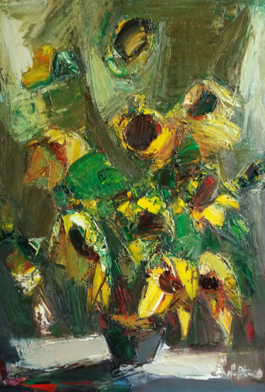 Sunflowers 46x65cm, oil painting, palette knife 제목이 "Sunflowers 46x65cm,…"인 미술작품 Mateos Sargsyan로, 원작, 기름 나무 들것 프레임에 장착됨