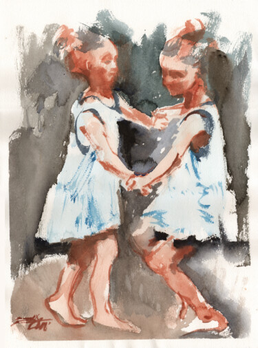 N°639 deux fillettes dansent Peinture intitulée "N°639 deux fillette…" par Alexandre Dumitrescu, Œuvre d'art originale, Aquarelle