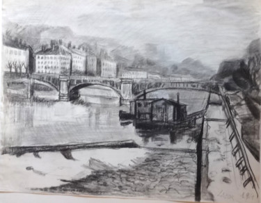 DESSIN Le Rhône à Lyon 1960 Dessin intitulée "DESSIN Le Rhône à L…" par Robert Labor, Œuvre d'art originale, Crayon Monté sur Carton