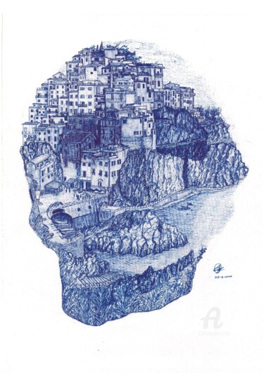 제목이 "Cinque Terre, Italy"인 그림 Shorove로, 원작, 젤 펜