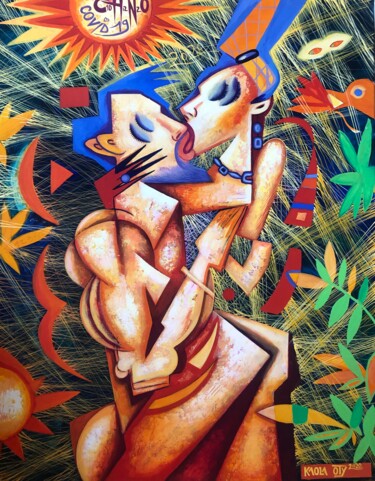 Schilderij getiteld "Love in covid timess" door Kaola Oty, Origineel Kunstwerk, Acryl