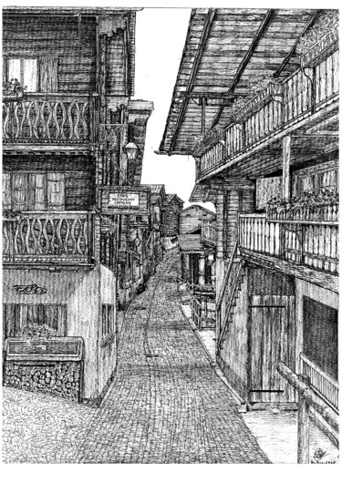Wooden houses from The Alpine village Grimentz Switzerland 제목이 "Wooden houses from…"인 그림 Shorove로, 원작, 잉크
