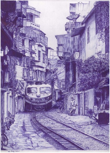Hanoi Train Street, Vietnam 제목이 "Hanoi Train Street,…"인 그림 Shorove로, 원작, 볼펜