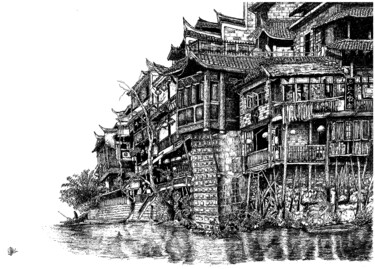 Old houses in Fenghuang county in Hunan, China. (2) 제목이 "Old houses in Fengh…"인 그림 Shorove로, 원작, 잉크