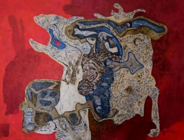 「le brame du cerf」というタイトルの絵画 Philippe Jullienによって, オリジナルのアートワーク, オイル ウッドストレッチャーフレームにマウント