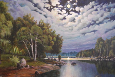 Painting titled "Pilvinen kuutamo" by Ari Reinikainen, Original Artwork, Oil