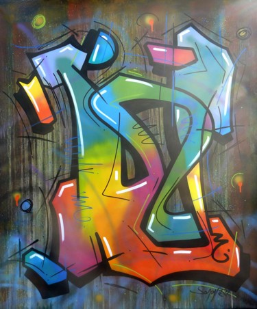 Peinture intitulée "" W "" par Saname, Œuvre d'art originale, Bombe aérosol Monté sur Châssis en bois