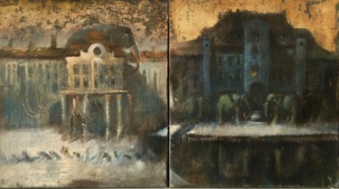 Peinture intitulée "elephants and birds…" par Sergii Shkoliar, Œuvre d'art originale, Huile Monté sur Châssis en bois