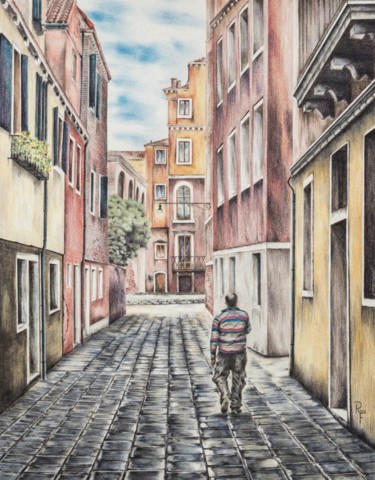 Malerei mit dem Titel "Backstreet" von Ronald Firla, Original-Kunstwerk, Conté-Buntstifte