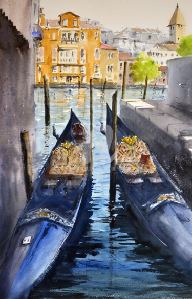 Gondola rest canals of Venice Italy 35x54cm 2020 Peinture intitulée "Gondola rest canals…" par Nenad Kojić, Œuvre d'art originale, Aquarelle