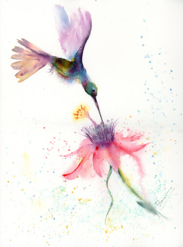 Painting titled "Hummingbird with fl…" by Paintispassion, Original Artwork, Watercolor