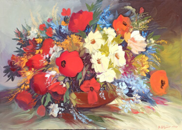 Red poppies (100x70cm, oil painting, palette knife) Pintura intitulada "Red poppies (100x70…" por Kamo Atoyan, Obras de arte originais, Óleo Montado em Armação em madeira