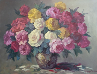 Roses (70x90cm, oil painting, palette knife) 제목이 "Roses (70x90cm, oil…"인 미술작품 Kamo Atoyan로, 원작, 기름 나무 들것 프레임에 장착됨