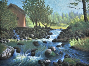 Drawing titled "Punainen mökki" by Ari Reinikainen, Original Artwork, Pastel