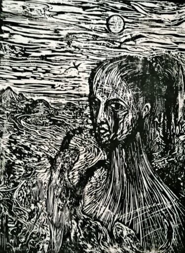 印花与版画 标题为“WOMAN with CAT” 由Joseph Urie, 原创艺术品, Linocuts