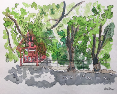 Dessin intitulée "Le cabanon rouge" par Camille Rouschmeyer, Œuvre d'art originale, Aquarelle