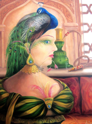 The dreams of peacock (60x80cm, surrealistic artwork) 绘画 标题为“The dreams of peaco…” 由Artush, 原创艺术品, 油 安装在木质担架架上
