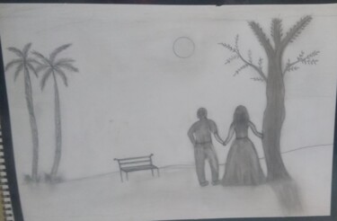 Drawing titled "Park scene in moon…" by Krishna Art Gallery, Original Artwork, Charcoal