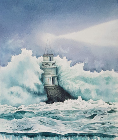 Painting titled "Lighthouse and stor…" by Svetlana Lileeva, Original Artwork, Watercolor
