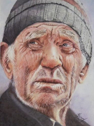 Schilderij getiteld "L’homme buriné" door Joël Bérard, Origineel Kunstwerk, Aquarel
