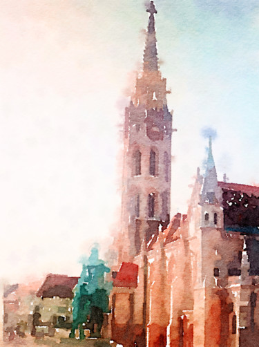 Square in Budapest Painting titled "Square in Budapest" by Kath Sapeha, Original Artwork, Watercolor