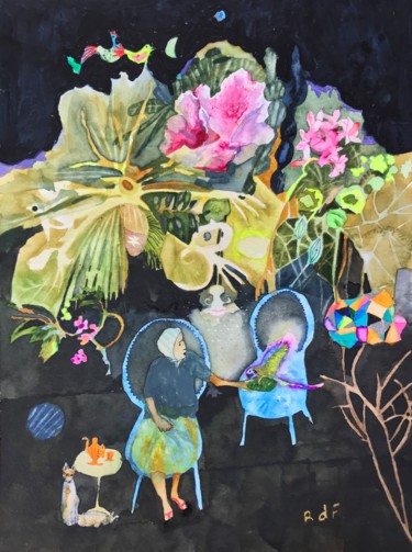 Painting titled "Lady under the flow…" by Rebecca De Figueiredo, Original Artwork, Watercolor
