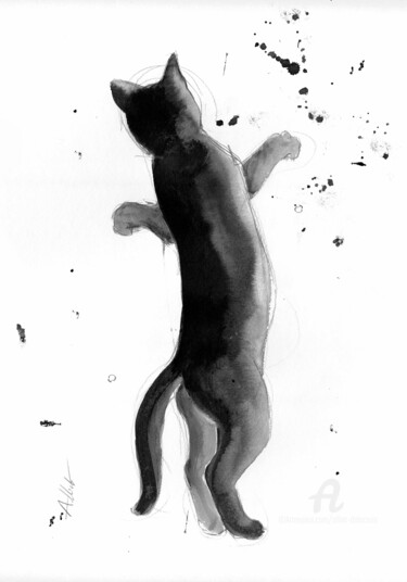 Drawing titled "Chat dynamique 0105" by Alliet-Delacroix, Original Artwork, Ink Mounted on Cardboard
