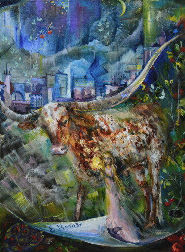 Картина под названием "My Taurus. Strong 2…" - Elena Reutova, Подлинное произведение искусства, Масло Установлен на Деревянн…