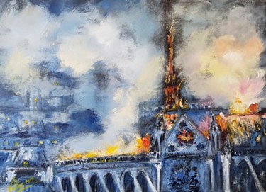 "Notre Dame en flamme" Peinture intitulée ""Notre Dame en flam…" par Pascale Fleury-Vallée, Œuvre d'art originale, Acrylique Monté sur Châssis en b…