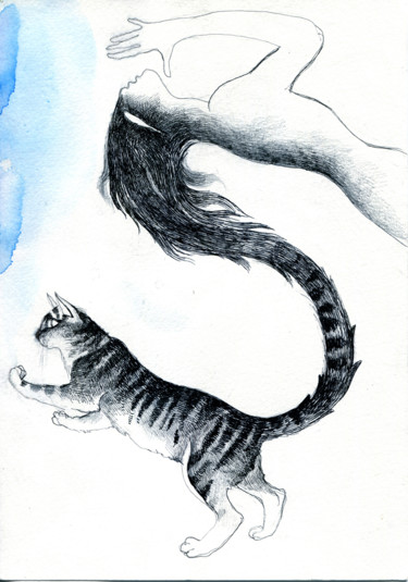 Disegno intitolato "Me and my Cat" da Maria Cristina Cerminara, Opera d'arte originale, Acquarello