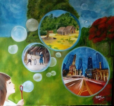 Life in a Bubble...oil on canvas Schilderij getiteld "Life in a Bubble...…" door Smita Srivastav, Origineel Kunstwerk, Olie