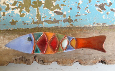 Grande sardine multicolore en céramique émaillée Sculpture intitulée "Grande sardine mult…" par Anne Cabon, Œuvre d'art originale, Céramique