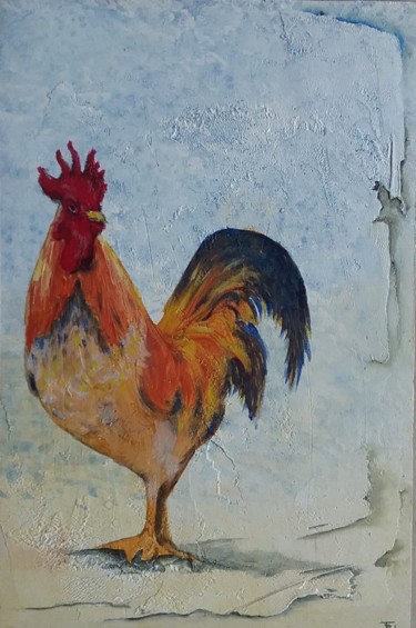 Painting titled "coq bleu" by Frederique Reffet, Original Artwork, Acrylic