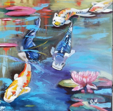 Passage des carpes Koi dans la mare du jardin de la fontaine Schilderij getiteld "Passage des carpes…" door Catherine Maury, Origineel Kunstwerk, Olie