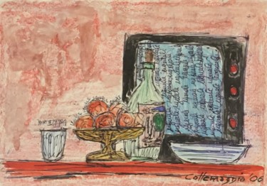 Televisione in cucina Drawing titled "Televisione in cuci…" by Andrea Collemaggio, Original Artwork, Ballpoint pen Mounted on Glass