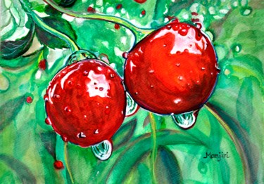 Red ripe Cherry in Orchard watercolor painting 绘画 标题为“Red ripe Cherry in…” 由Artbymanjiri, 原创艺术品, 水彩