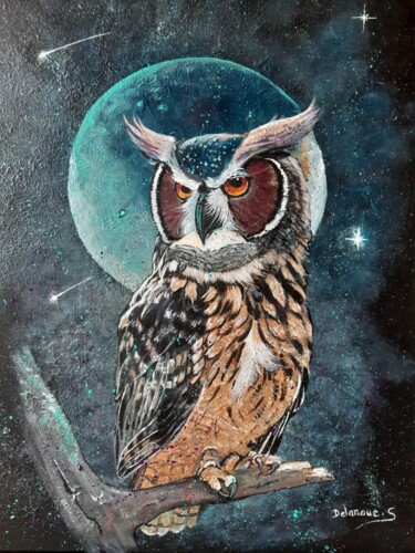 绘画 标题为“Hibou au clair de l…” 由Severine Delanoue, 原创艺术品, 丙烯 安装在木质担架架上