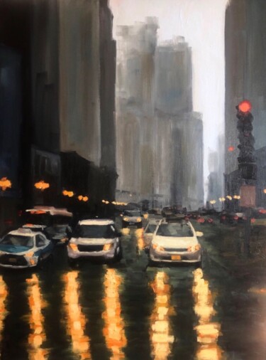 « Cityscape after Rain » Peinture intitulée "« Cityscape after R…" par Justine Lemaire, Œuvre d'art originale, Huile Monté sur Châssis en bois