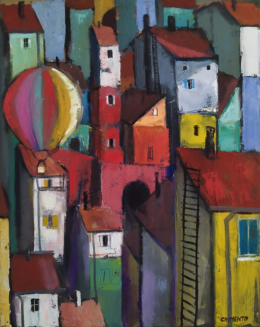 La cité aux montgolfières Peinture intitulée "La cité aux montgol…" par Laurent Chimento, Œuvre d'art originale, Huile Monté sur Châssis en bois