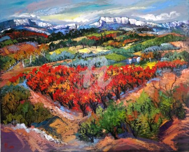 제목이 "Vignes rouges"인 미술작품 Milorv로, 원작, 기름 나무 들것 프레임에 장착됨