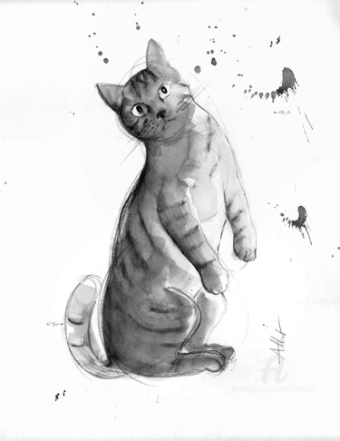 「Chat dynamique 0106」というタイトルの描画 Alliet-Delacroixによって, オリジナルのアートワーク, インク 段ボールにマウント