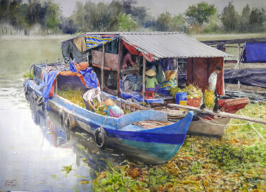 Peinture intitulée "Bateaux sur la rivi…" par Vincent Monluc, Œuvre d'art originale, Aquarelle