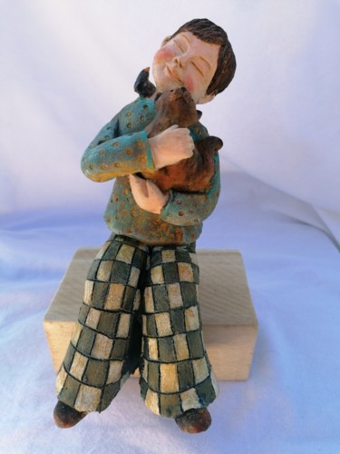 Sculpture intitulée "Le garçon au chat" par Sandrine De Zorzi, Œuvre d'art originale, Argile