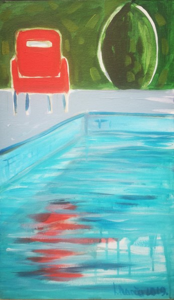 Painting titled "Red chair near the…" by Rita Pranca, Original Artwork, Acrylic Mounted on Cardboard