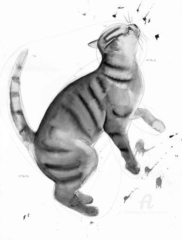Drawing titled "Chat dynamique 0110" by Alliet-Delacroix, Original Artwork, Ink Mounted on Cardboard