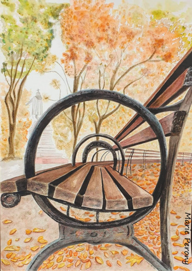 Malarstwo zatytułowany „A Bench in New-York…” autorstwa Marie Perony, Oryginalna praca, Akwarela