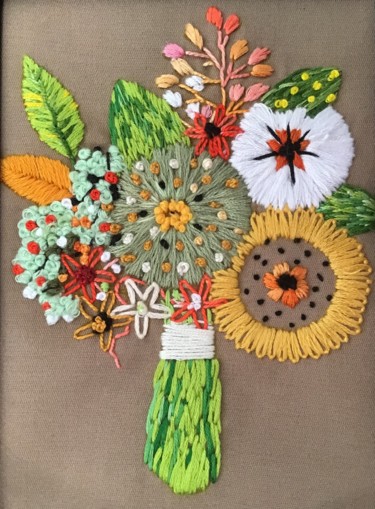Textile Art titled "Bouquet rustique" by Lisette, Original Artwork, Embroidery Mounted on Other rigid panel